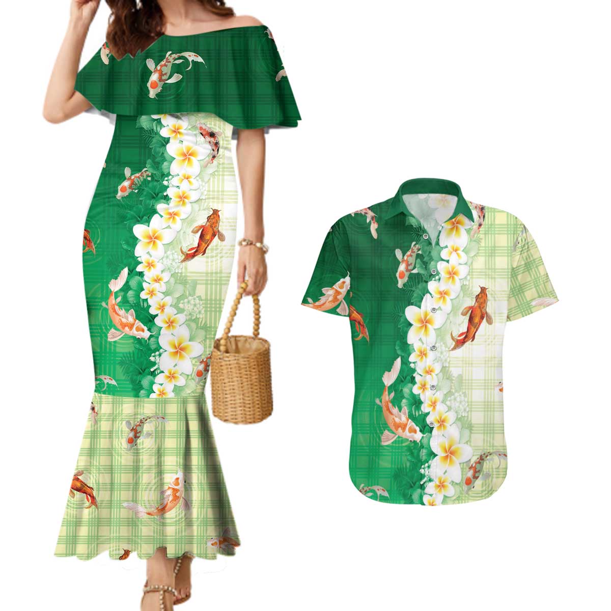 Hawaii And Japan Couples Matching Mermaid Dress and Hawaiian Shirt Plumeria Lei With Koi Fish Green LT05 Green - Polynesian Pride