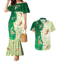 Hawaii And Japan Couples Matching Mermaid Dress and Hawaiian Shirt Plumeria Lei With Koi Fish Green LT05 Green - Polynesian Pride