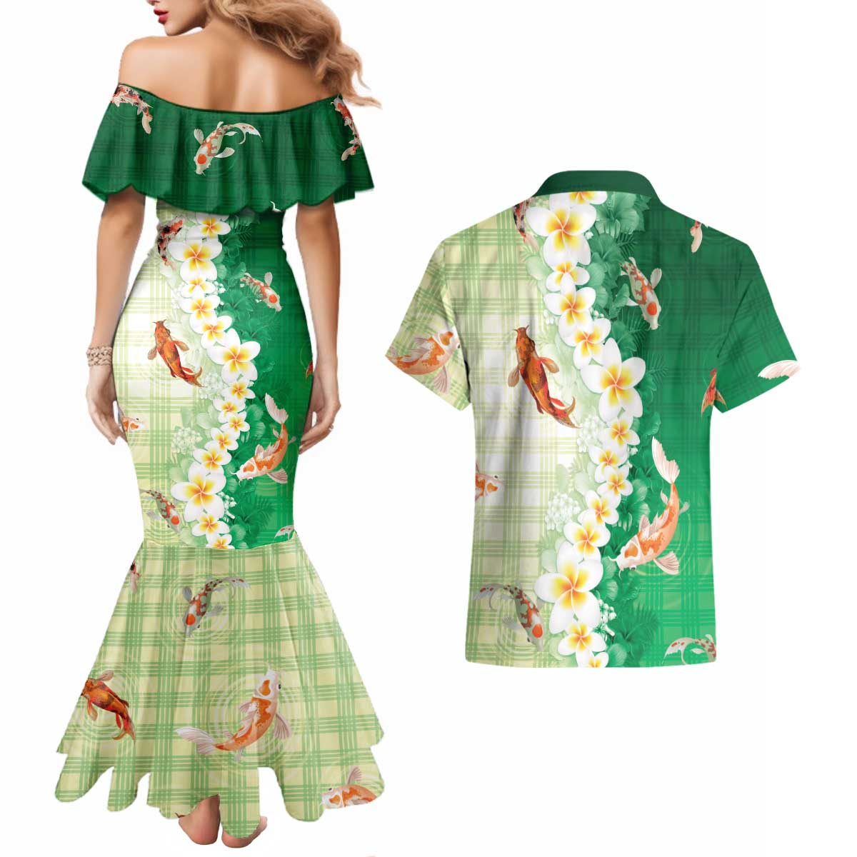 Hawaii And Japan Couples Matching Mermaid Dress and Hawaiian Shirt Plumeria Lei With Koi Fish Green LT05 - Polynesian Pride