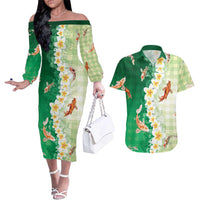 Hawaii And Japan Couples Matching Off The Shoulder Long Sleeve Dress and Hawaiian Shirt Plumeria Lei With Koi Fish Green LT05 Green - Polynesian Pride