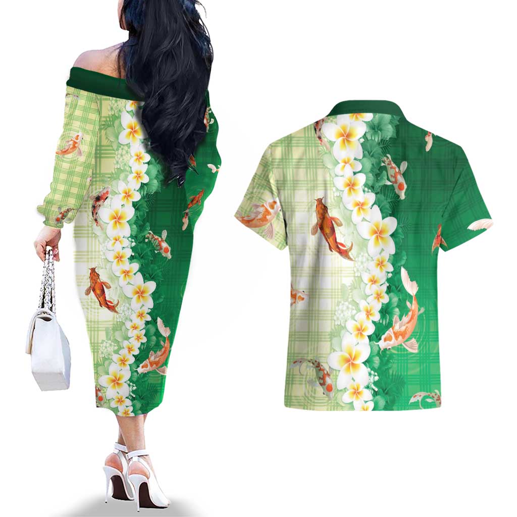 Hawaii And Japan Couples Matching Off The Shoulder Long Sleeve Dress and Hawaiian Shirt Plumeria Lei With Koi Fish Green LT05 - Polynesian Pride