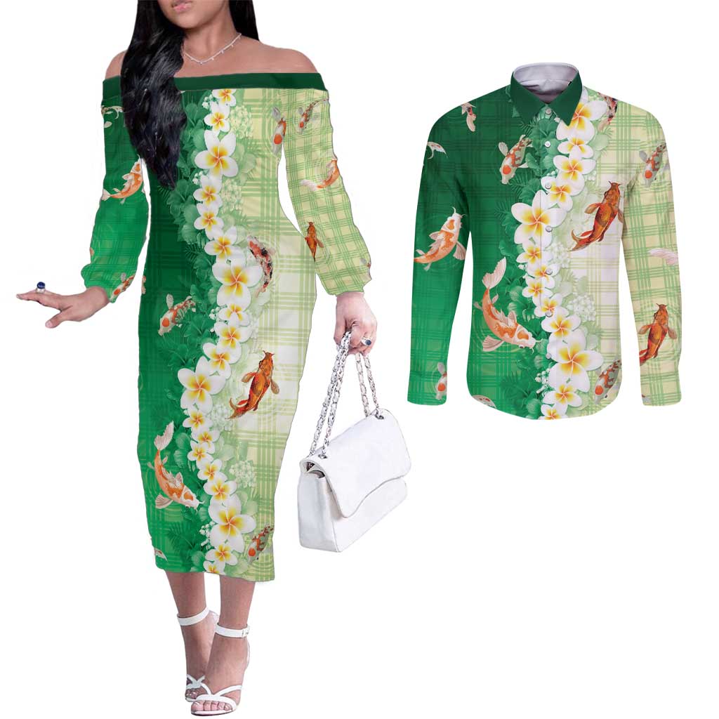 Hawaii And Japan Couples Matching Off The Shoulder Long Sleeve Dress and Long Sleeve Button Shirt Plumeria Lei With Koi Fish Green LT05 Green - Polynesian Pride
