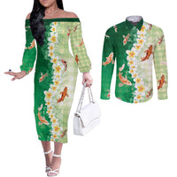 Hawaii And Japan Couples Matching Off The Shoulder Long Sleeve Dress and Long Sleeve Button Shirt Plumeria Lei With Koi Fish Green LT05 Green - Polynesian Pride