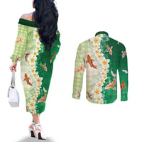 Hawaii And Japan Couples Matching Off The Shoulder Long Sleeve Dress and Long Sleeve Button Shirt Plumeria Lei With Koi Fish Green LT05 - Polynesian Pride