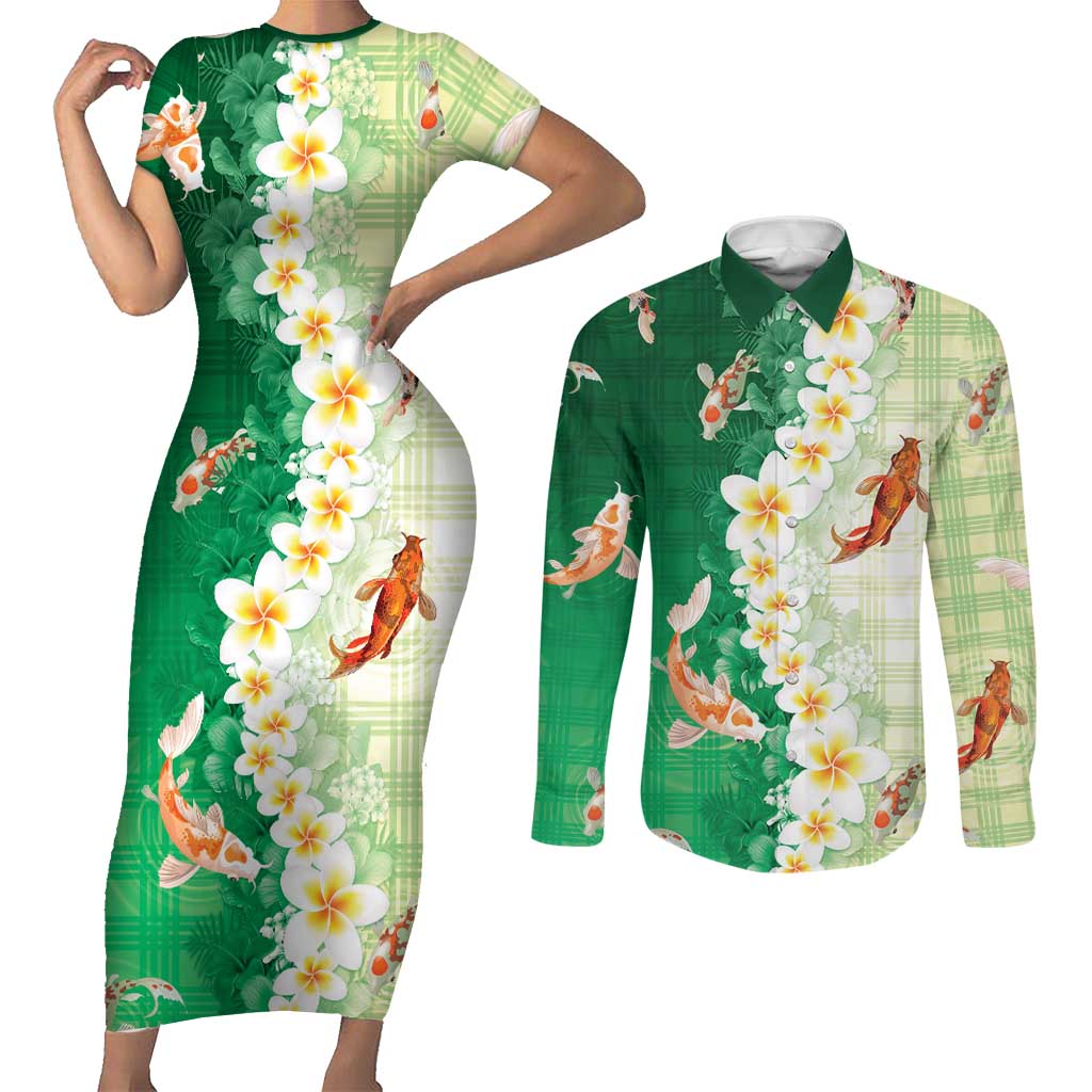 Hawaii And Japan Couples Matching Short Sleeve Bodycon Dress and Long Sleeve Button Shirt Plumeria Lei With Koi Fish Green LT05 Green - Polynesian Pride