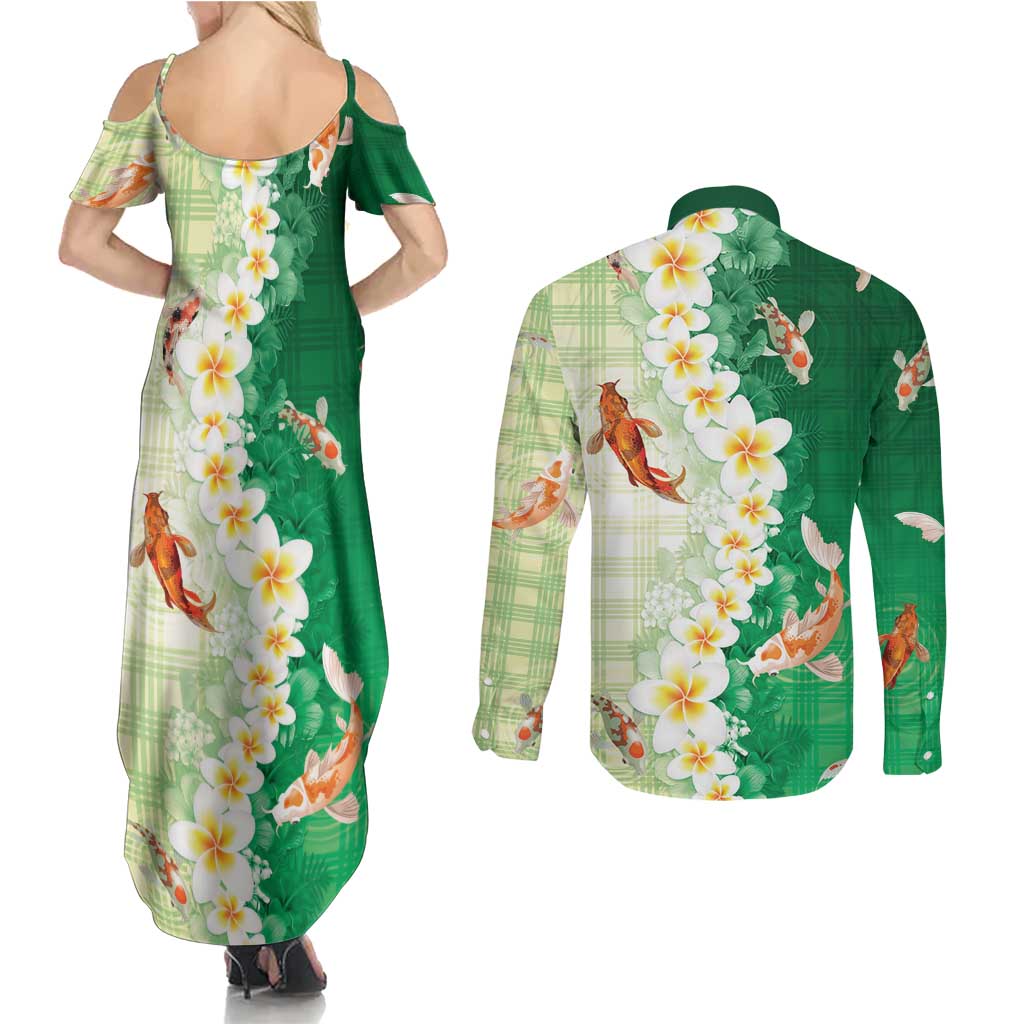 Hawaii And Japan Couples Matching Summer Maxi Dress and Long Sleeve Button Shirt Plumeria Lei With Koi Fish Green - Polynesian Pride