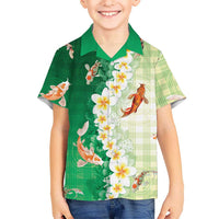 Hawaii And Japan Family Matching Mermaid Dress and Hawaiian Shirt Plumeria Lei With Koi Fish Green LT05 Son's Shirt Green - Polynesian Pride