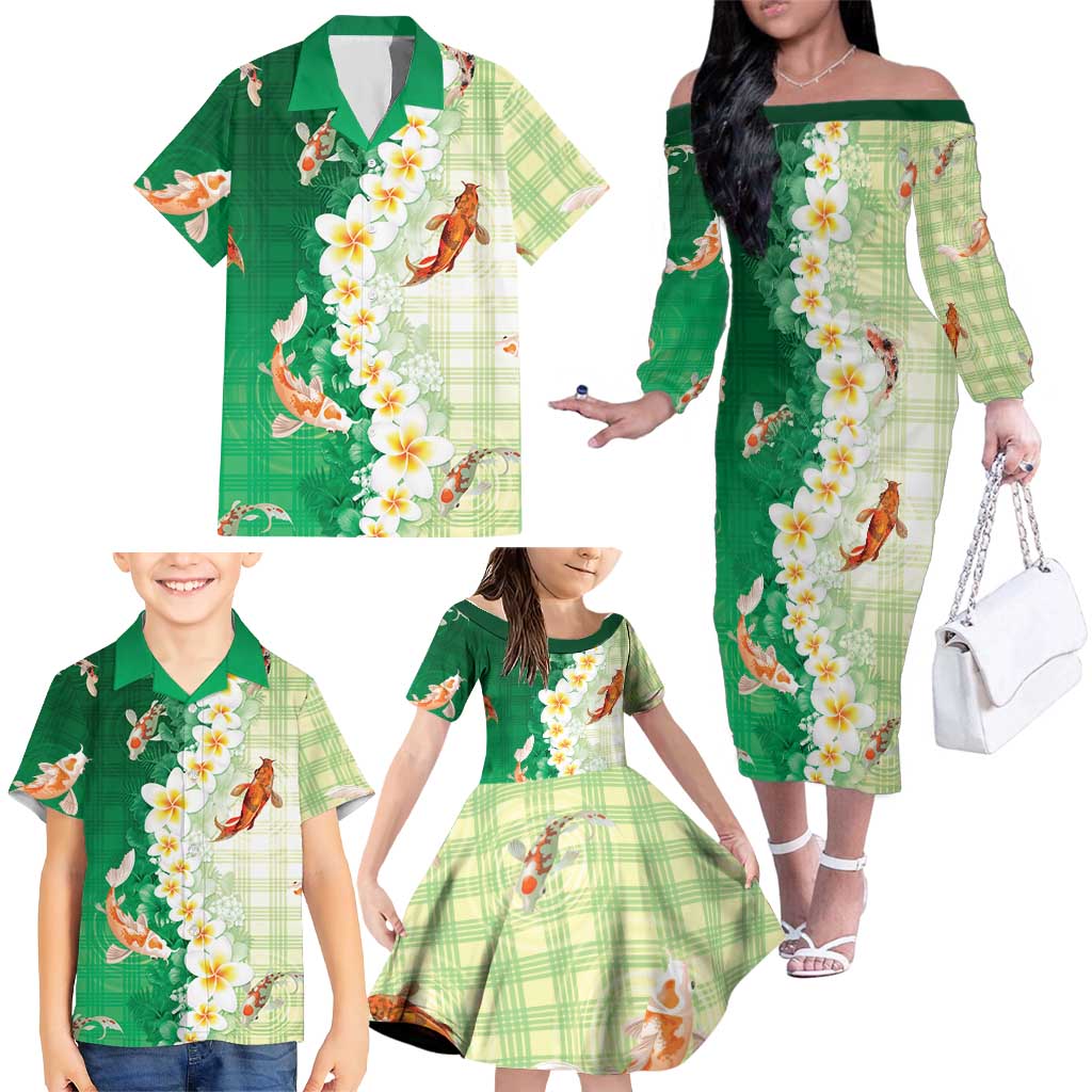 Hawaii And Japan Family Matching Off The Shoulder Long Sleeve Dress and Hawaiian Shirt Plumeria Lei With Koi Fish Green LT05 - Polynesian Pride