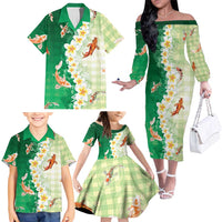 Hawaii And Japan Family Matching Off The Shoulder Long Sleeve Dress and Hawaiian Shirt Plumeria Lei With Koi Fish Green LT05 - Polynesian Pride