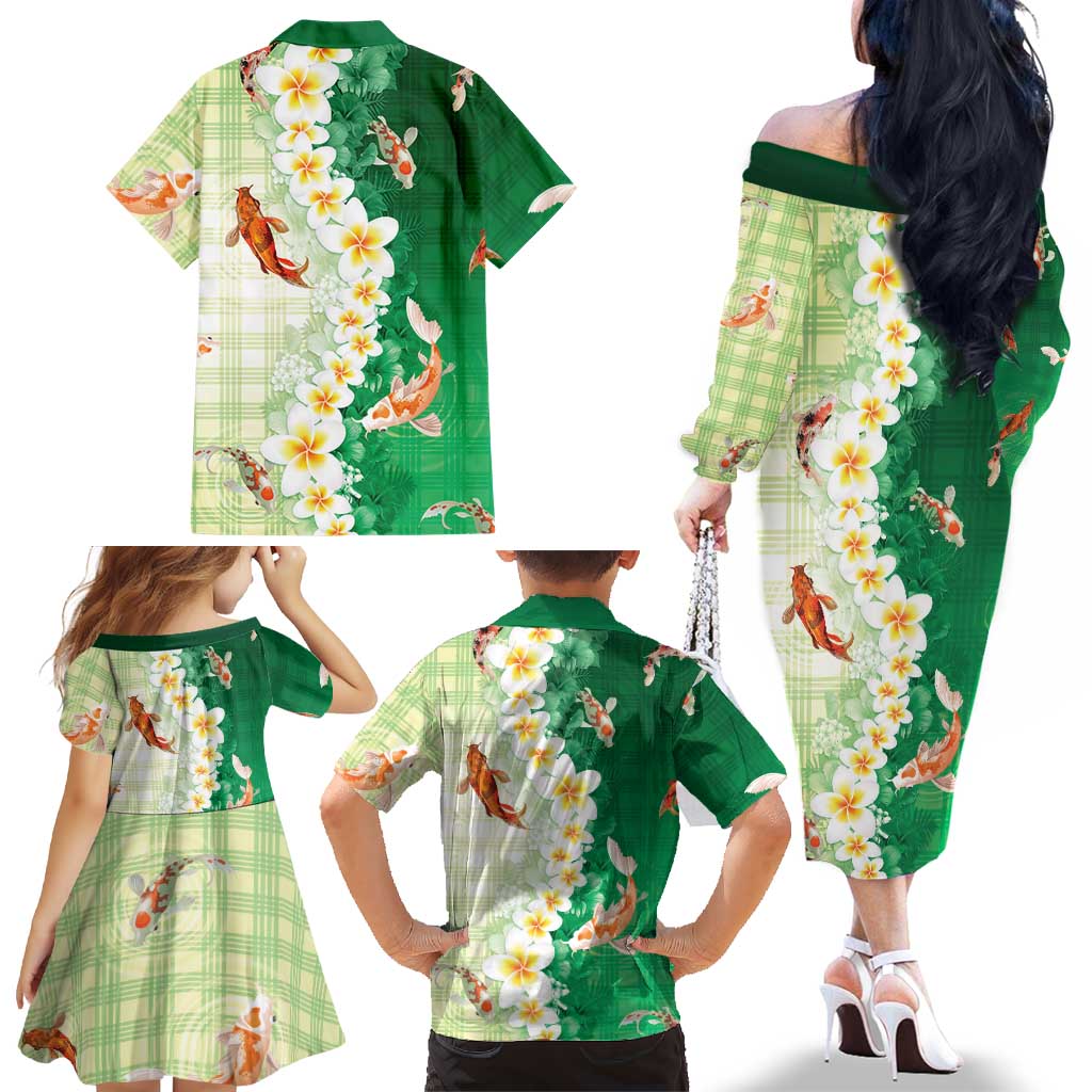 Hawaii And Japan Family Matching Off The Shoulder Long Sleeve Dress and Hawaiian Shirt Plumeria Lei With Koi Fish Green LT05 - Polynesian Pride