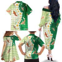 Hawaii And Japan Family Matching Off The Shoulder Long Sleeve Dress and Hawaiian Shirt Plumeria Lei With Koi Fish Green LT05 - Polynesian Pride