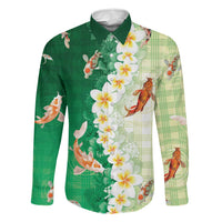 Hawaii And Japan Family Matching Off The Shoulder Long Sleeve Dress and Hawaiian Shirt Plumeria Lei With Koi Fish Green LT05 Dad's Shirt - Long Sleeve Green - Polynesian Pride