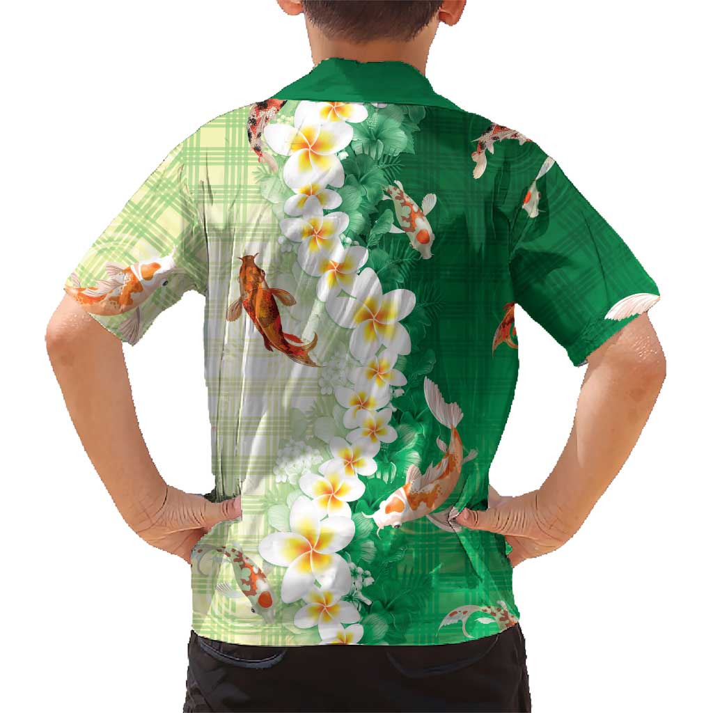 Hawaii And Japan Family Matching Off Shoulder Maxi Dress and Hawaiian Shirt Plumeria Lei With Koi Fish Green LT05 - Polynesian Pride