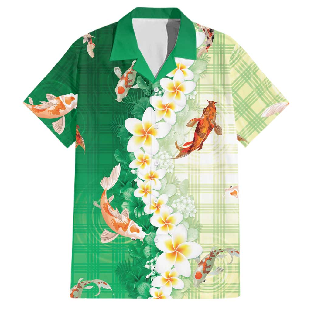 Hawaii And Japan Family Matching Off Shoulder Maxi Dress and Hawaiian Shirt Plumeria Lei With Koi Fish Green LT05 Dad's Shirt - Short Sleeve Green - Polynesian Pride