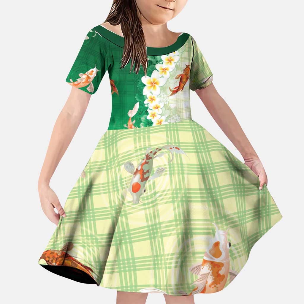 Hawaii And Japan Family Matching Off Shoulder Short Dress and Hawaiian Shirt Plumeria Lei With Koi Fish Green LT05 Daughter's Dress Green - Polynesian Pride