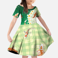 Hawaii And Japan Family Matching Off Shoulder Short Dress and Hawaiian Shirt Plumeria Lei With Koi Fish Green LT05 Daughter's Dress Green - Polynesian Pride