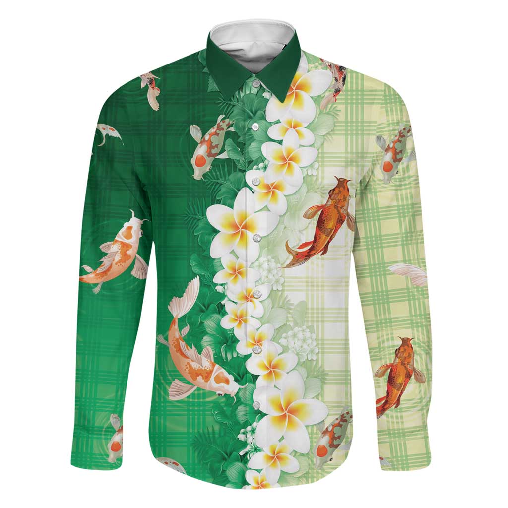 Hawaii And Japan Family Matching Puletasi and Hawaiian Shirt Plumeria Lei With Koi Fish Green LT05 Dad's Shirt - Long Sleeve Green - Polynesian Pride