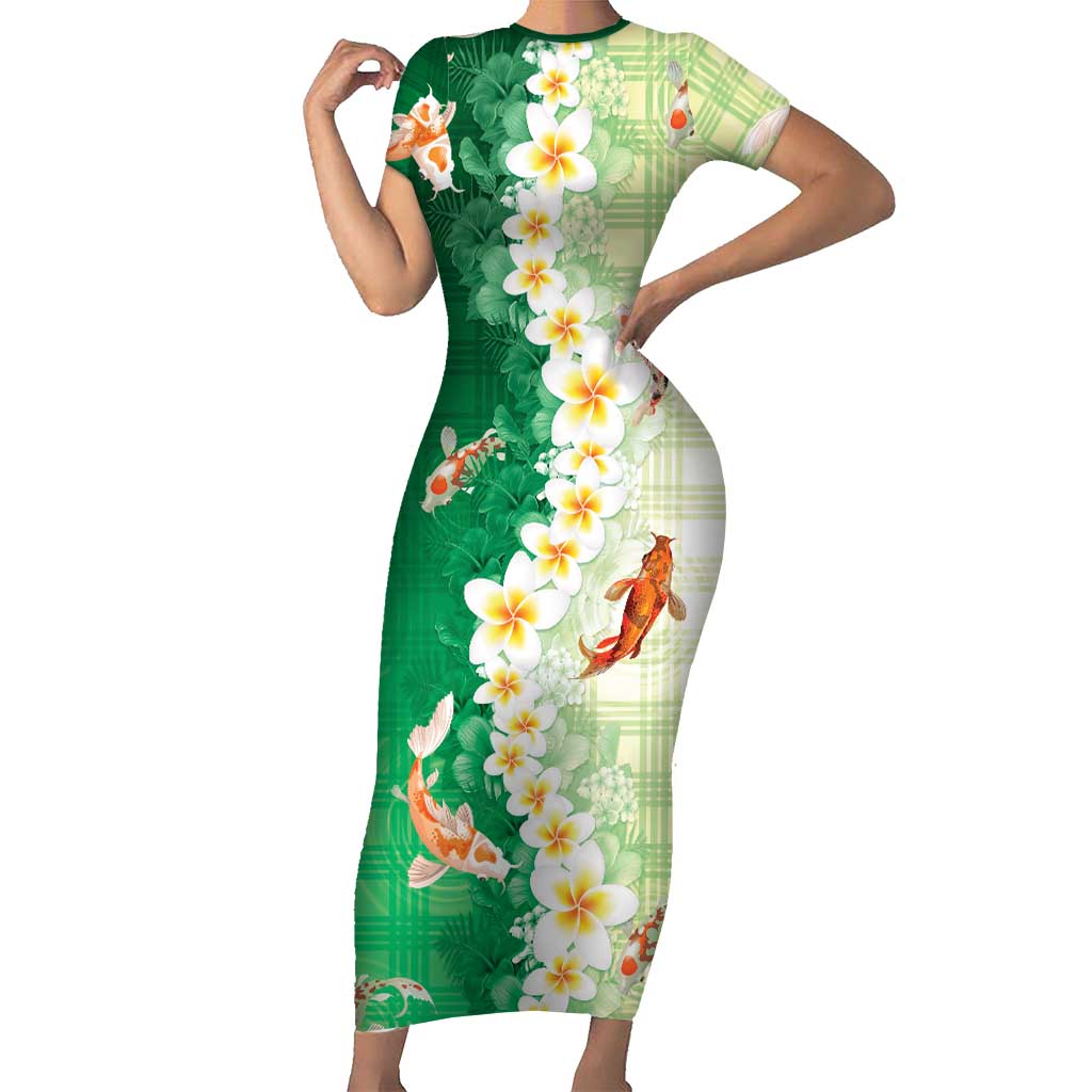 Hawaii And Japan Family Matching Short Sleeve Bodycon Dress and Hawaiian Shirt Plumeria Lei With Koi Fish Green LT05 Mom's Dress Green - Polynesian Pride