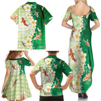 Hawaii And Japan Family Matching Summer Maxi Dress and Hawaiian Shirt Plumeria Lei With Koi Fish Green LT05 - Polynesian Pride