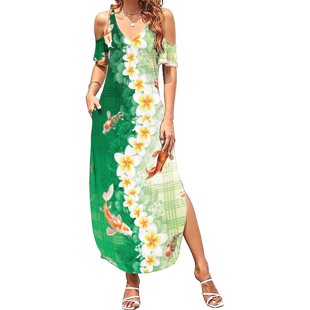 Hawaii And Japan Family Matching Summer Maxi Dress and Hawaiian Shirt Plumeria Lei With Koi Fish Green LT05 Mom's Dress Green - Polynesian Pride