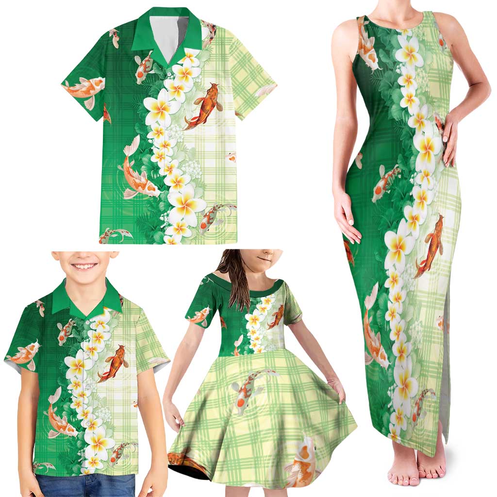 Hawaii And Japan Family Matching Tank Maxi Dress and Hawaiian Shirt Plumeria Lei With Koi Fish Green LT05 - Polynesian Pride