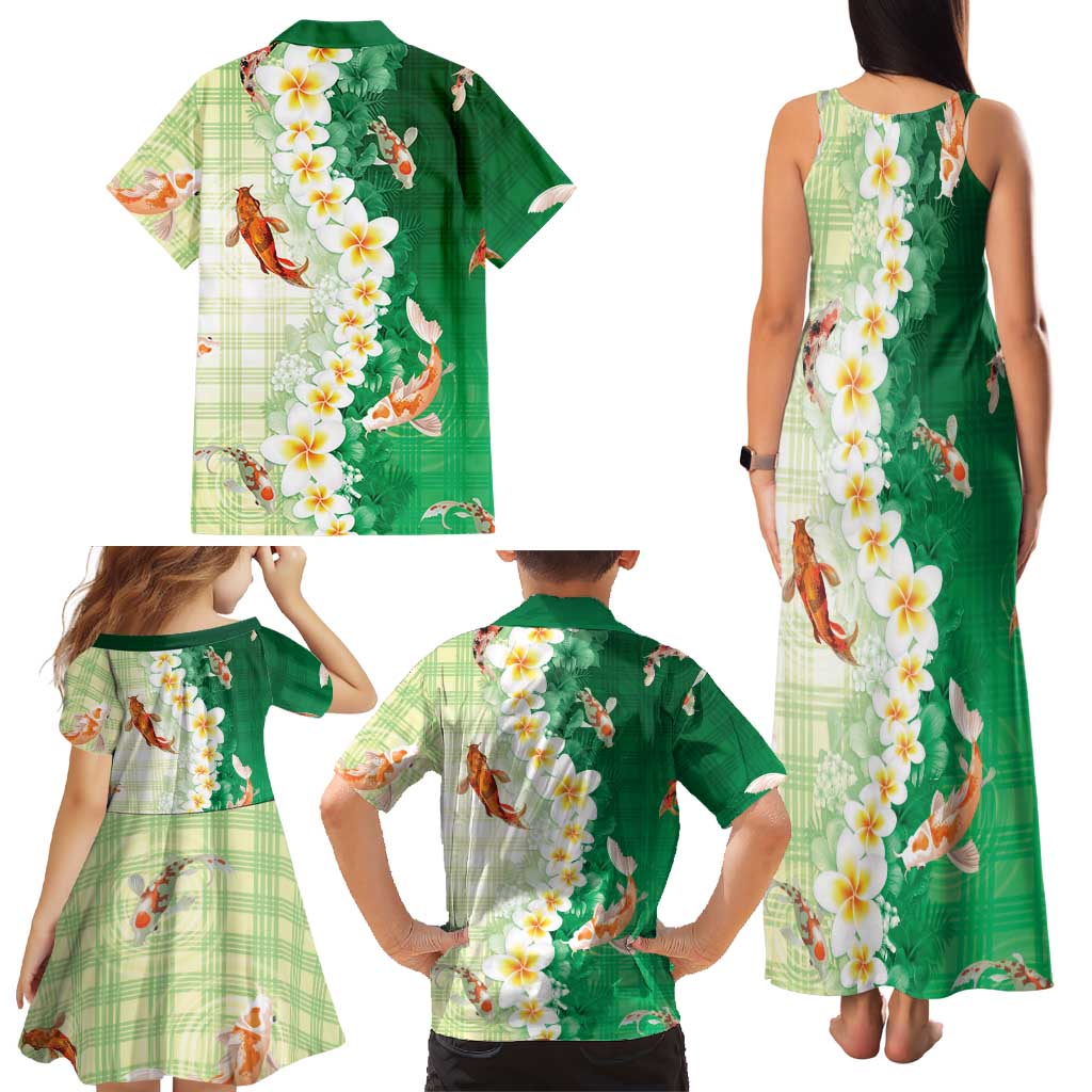 Hawaii And Japan Family Matching Tank Maxi Dress and Hawaiian Shirt Plumeria Lei With Koi Fish Green LT05 - Polynesian Pride
