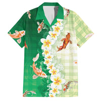 Hawaii And Japan Family Matching Tank Maxi Dress and Hawaiian Shirt Plumeria Lei With Koi Fish Green LT05 Dad's Shirt - Short Sleeve Green - Polynesian Pride