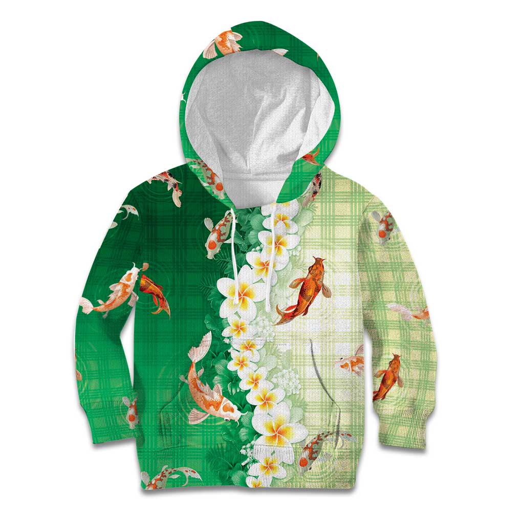 Hawaii And Japan Kid Hoodie Plumeria Lei With Koi Fish Green - Polynesian Pride