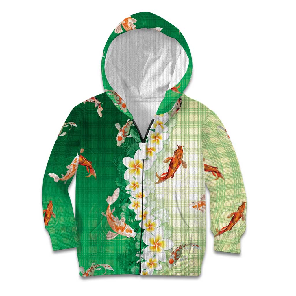 Hawaii And Japan Kid Hoodie Plumeria Lei With Koi Fish Green - Polynesian Pride