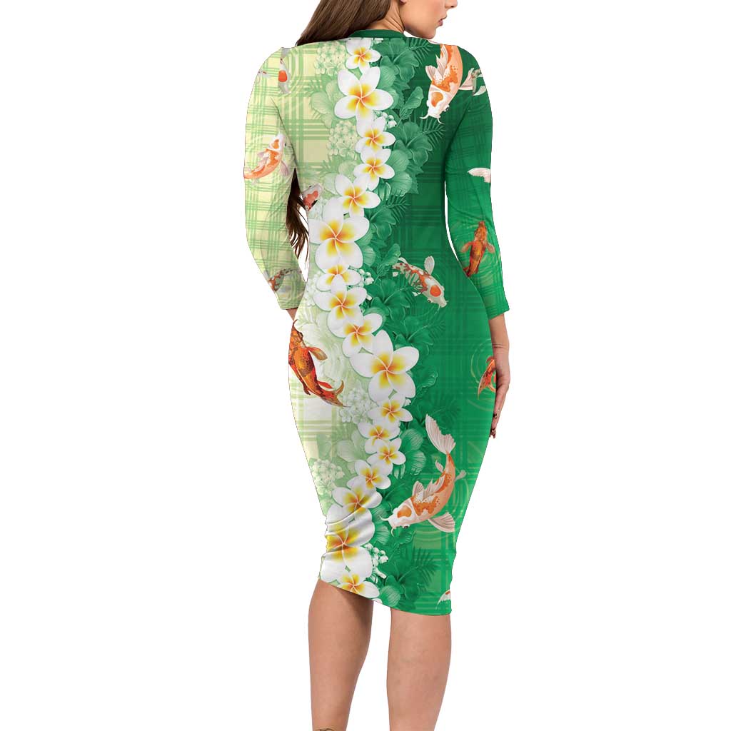 Hawaii And Japan Long Sleeve Bodycon Dress Plumeria Lei With Koi Fish Green - Polynesian Pride