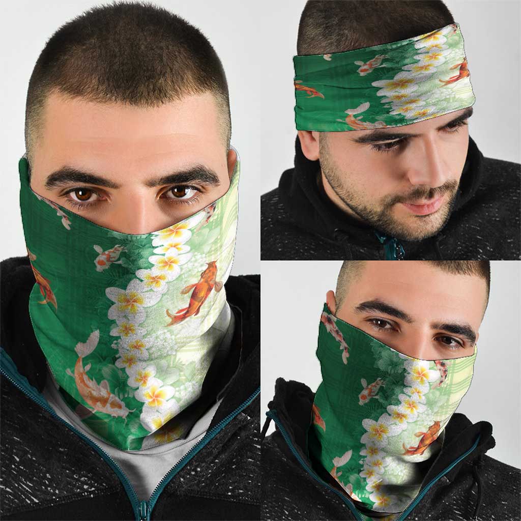 Hawaii And Japan Neck Gaiter Plumeria Lei With Koi Fish Green - Polynesian Pride