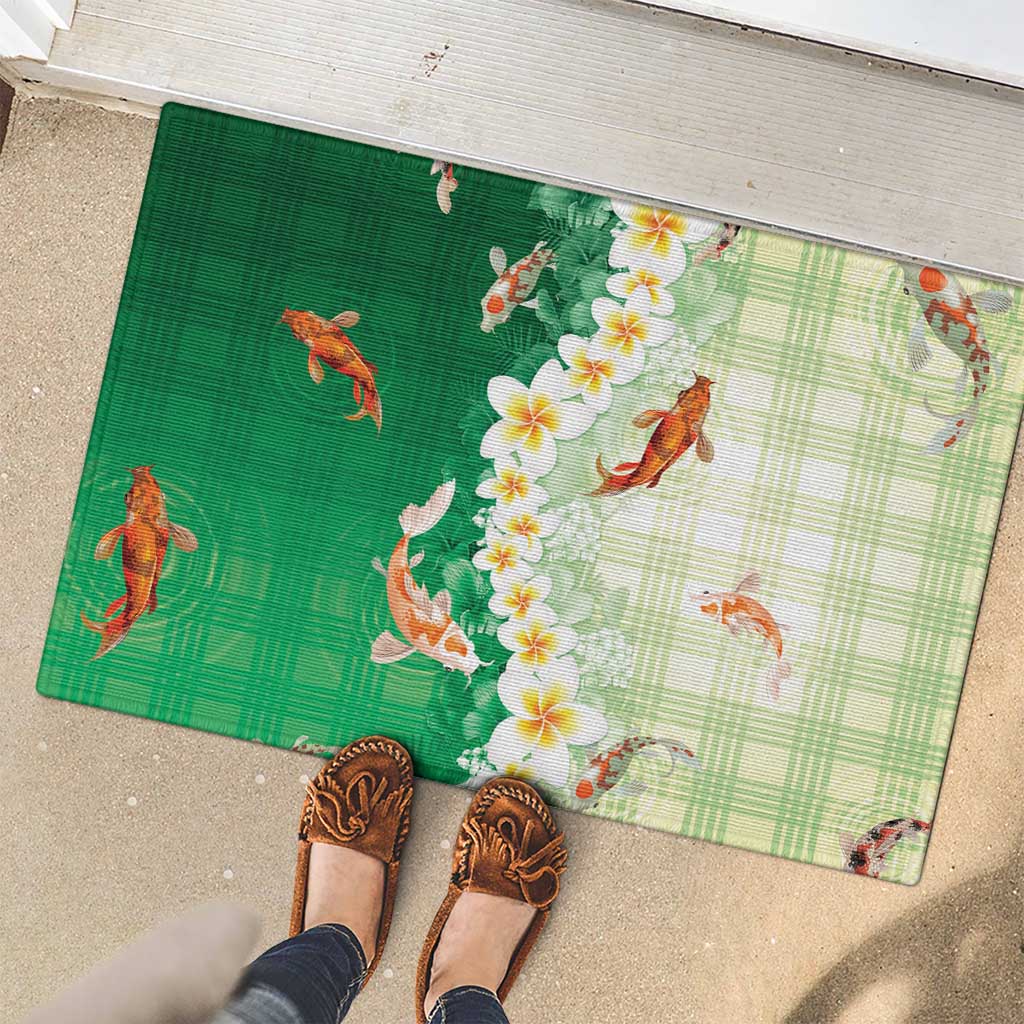 Hawaii And Japan Rubber Doormat Plumeria Lei With Koi Fish Green - Polynesian Pride