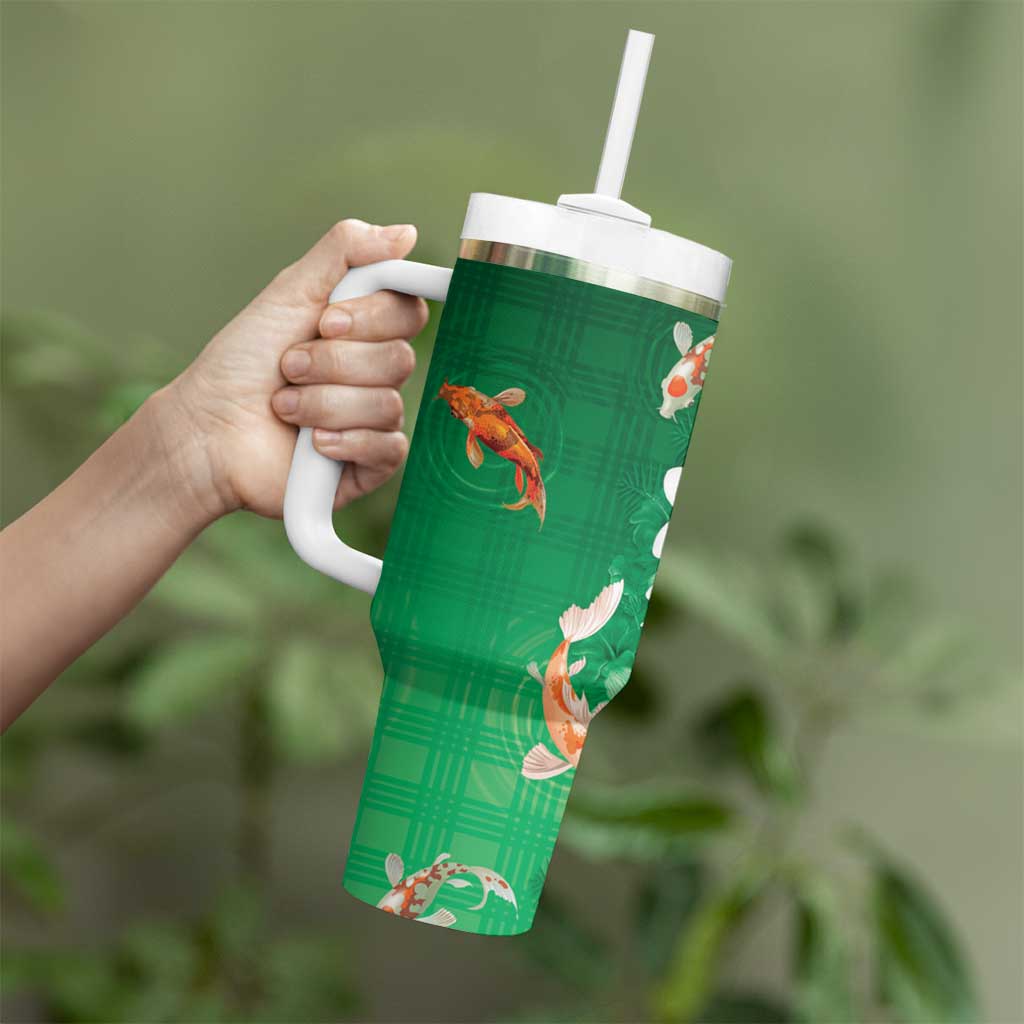 Hawaii And Japan Tumbler With Handle Plumeria Lei With Koi Fish Green - Polynesian Pride