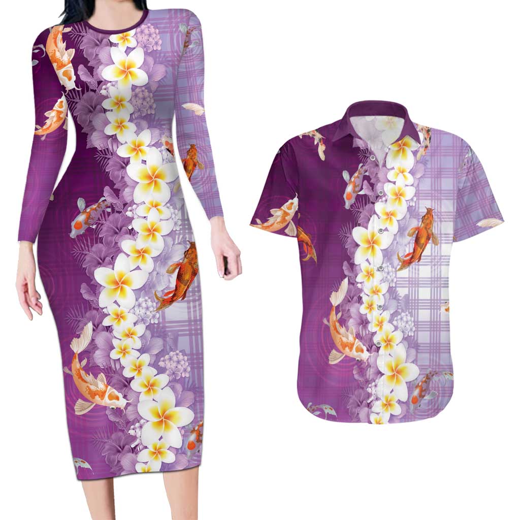 Hawaii And Japan Couples Matching Long Sleeve Bodycon Dress and Hawaiian Shirt Plumeria Lei With Koi Fish Purple LT05 Purple - Polynesian Pride