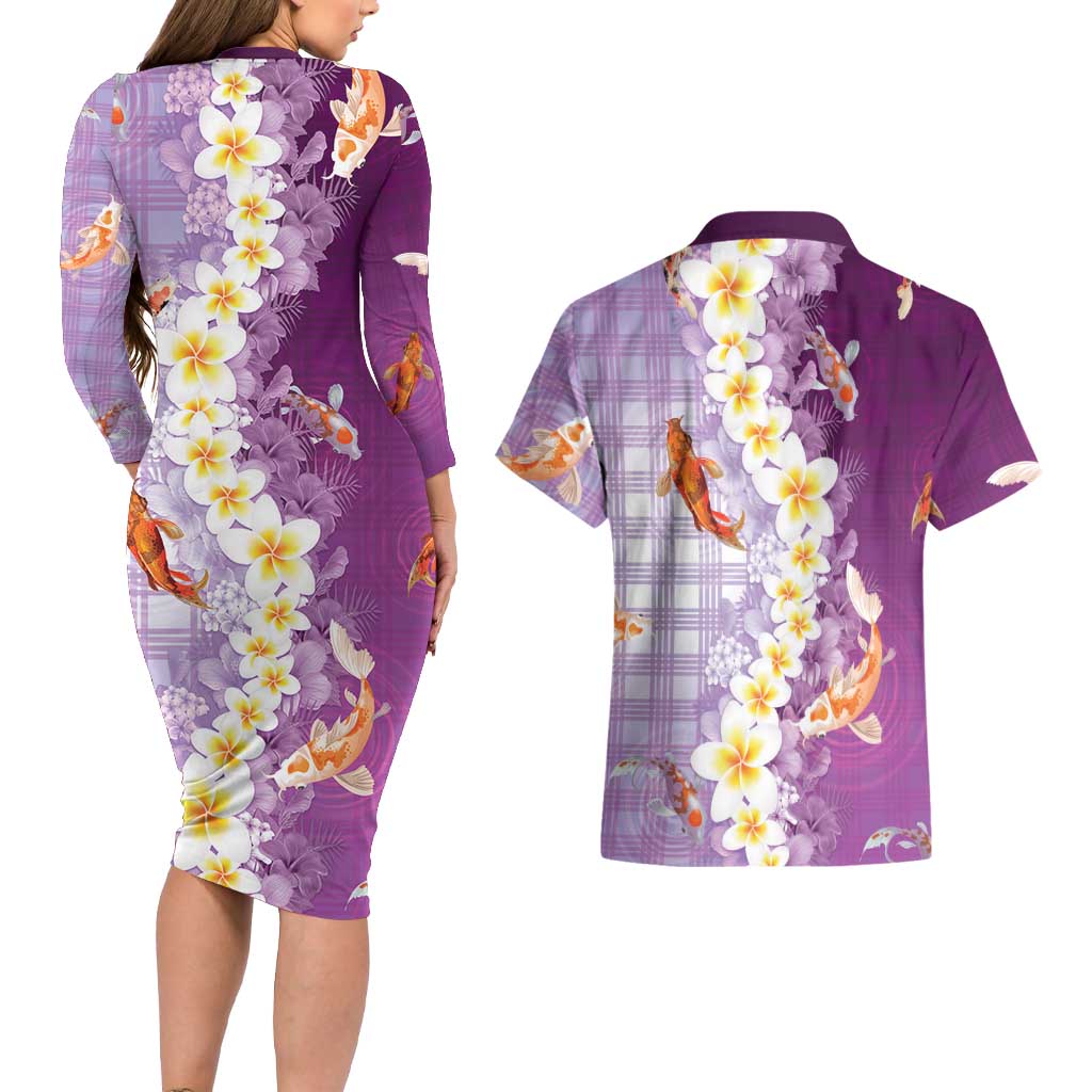 Hawaii And Japan Couples Matching Long Sleeve Bodycon Dress and Hawaiian Shirt Plumeria Lei With Koi Fish Purple LT05 - Polynesian Pride