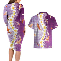 Hawaii And Japan Couples Matching Long Sleeve Bodycon Dress and Hawaiian Shirt Plumeria Lei With Koi Fish Purple LT05 - Polynesian Pride