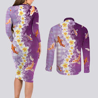 Hawaii And Japan Couples Matching Long Sleeve Bodycon Dress and Long Sleeve Button Shirt Plumeria Lei With Koi Fish Purple LT05 - Polynesian Pride