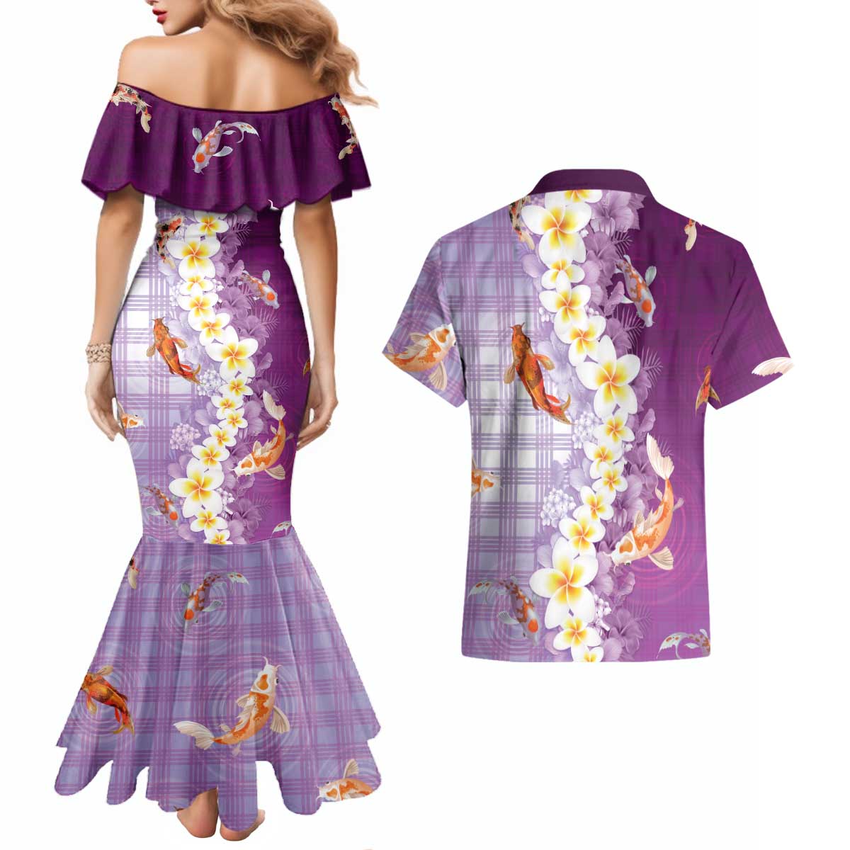 Hawaii And Japan Couples Matching Mermaid Dress and Hawaiian Shirt Plumeria Lei With Koi Fish Purple LT05 - Polynesian Pride