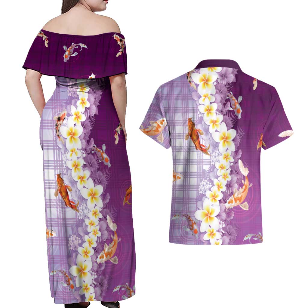 Hawaii And Japan Couples Matching Off Shoulder Maxi Dress and Hawaiian Shirt Plumeria Lei With Koi Fish Purple LT05 - Polynesian Pride