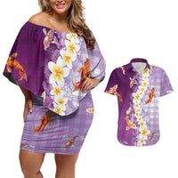 Hawaii And Japan Couples Matching Off Shoulder Short Dress and Hawaiian Shirt Plumeria Lei With Koi Fish Purple LT05 Purple - Polynesian Pride