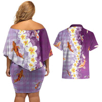 Hawaii And Japan Couples Matching Off Shoulder Short Dress and Hawaiian Shirt Plumeria Lei With Koi Fish Purple LT05 - Polynesian Pride