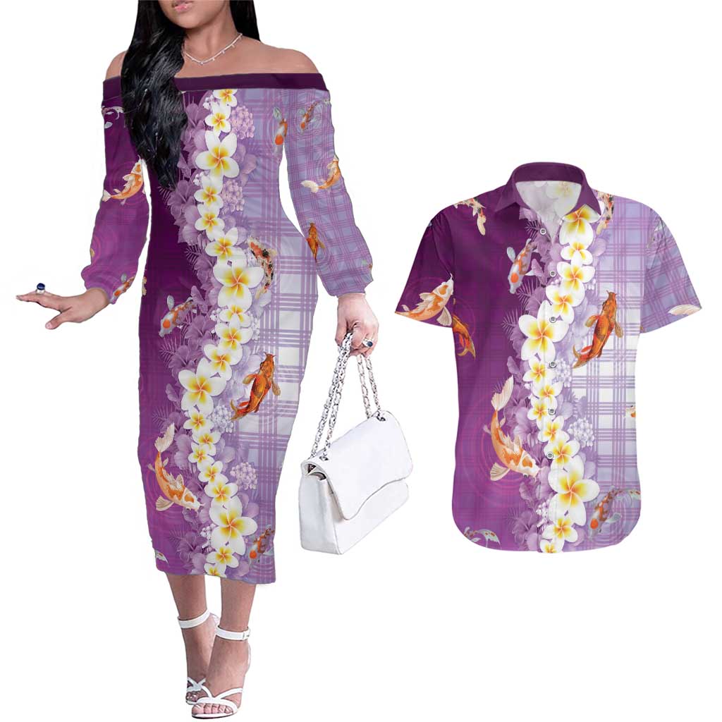 Hawaii And Japan Couples Matching Off The Shoulder Long Sleeve Dress and Hawaiian Shirt Plumeria Lei With Koi Fish Purple - Polynesian Pride