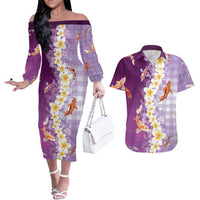 Hawaii And Japan Couples Matching Off The Shoulder Long Sleeve Dress and Hawaiian Shirt Plumeria Lei With Koi Fish Purple LT05 Purple - Polynesian Pride
