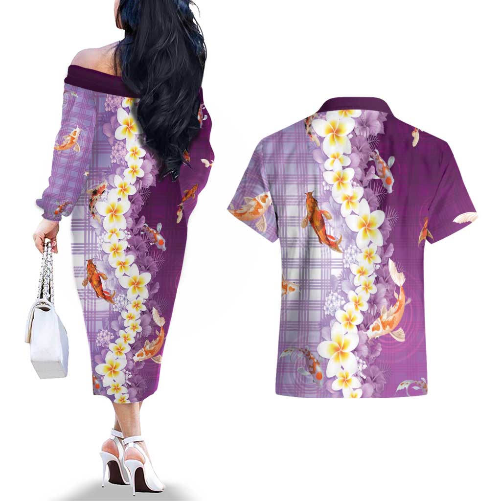 Hawaii And Japan Couples Matching Off The Shoulder Long Sleeve Dress and Hawaiian Shirt Plumeria Lei With Koi Fish Purple LT05 - Polynesian Pride