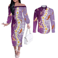 Hawaii And Japan Couples Matching Off The Shoulder Long Sleeve Dress and Long Sleeve Button Shirt Plumeria Lei With Koi Fish Purple LT05 Purple - Polynesian Pride