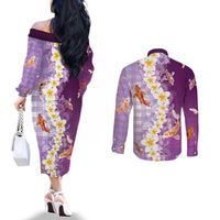 Hawaii And Japan Couples Matching Off The Shoulder Long Sleeve Dress and Long Sleeve Button Shirt Plumeria Lei With Koi Fish Purple LT05 - Polynesian Pride