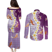 Hawaii And Japan Couples Matching Puletasi and Long Sleeve Button Shirt Plumeria Lei With Koi Fish Purple - Polynesian Pride