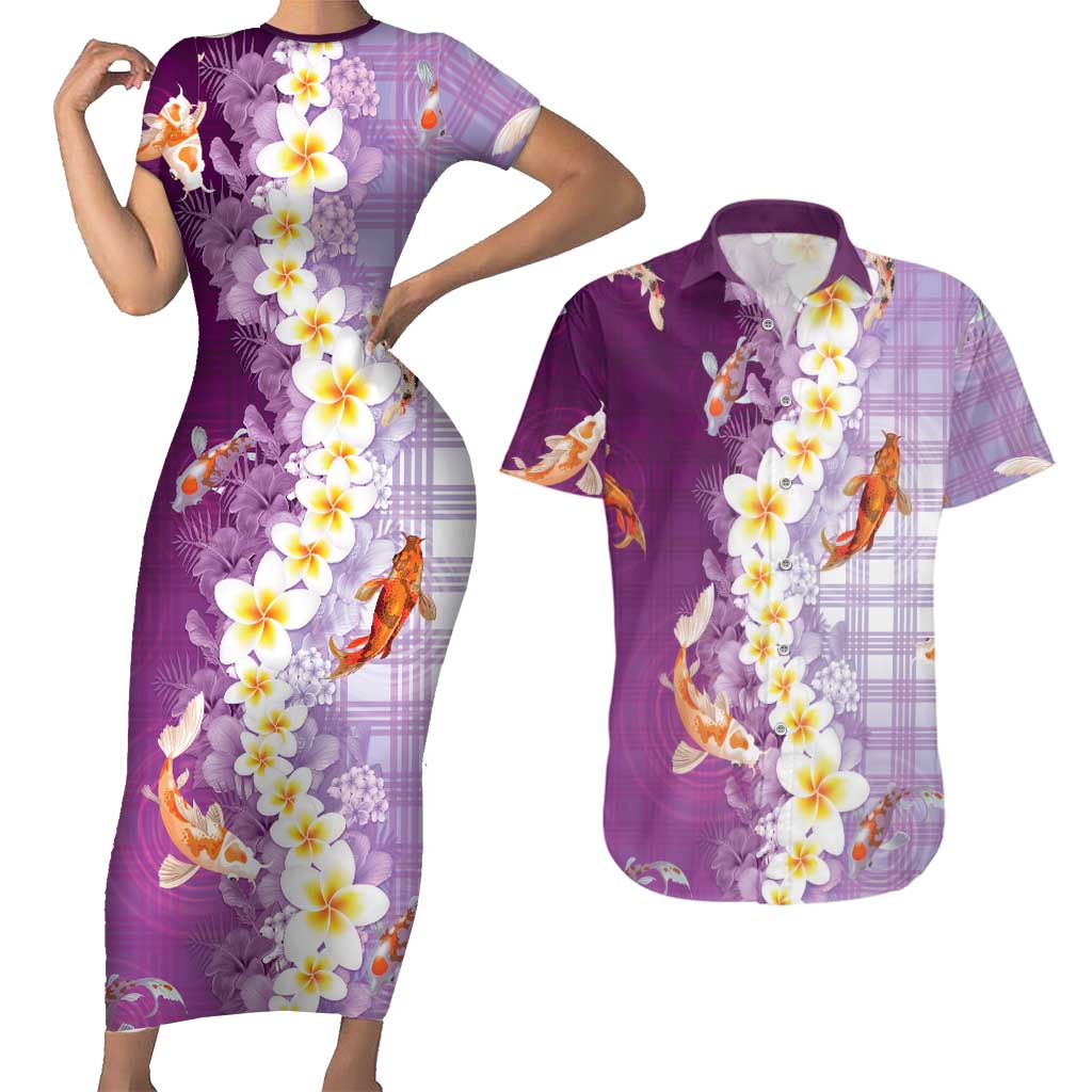 Hawaii And Japan Couples Matching Short Sleeve Bodycon Dress and Hawaiian Shirt Plumeria Lei With Koi Fish Purple LT05 Purple - Polynesian Pride