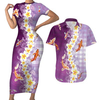 Hawaii And Japan Couples Matching Short Sleeve Bodycon Dress and Hawaiian Shirt Plumeria Lei With Koi Fish Purple LT05 Purple - Polynesian Pride