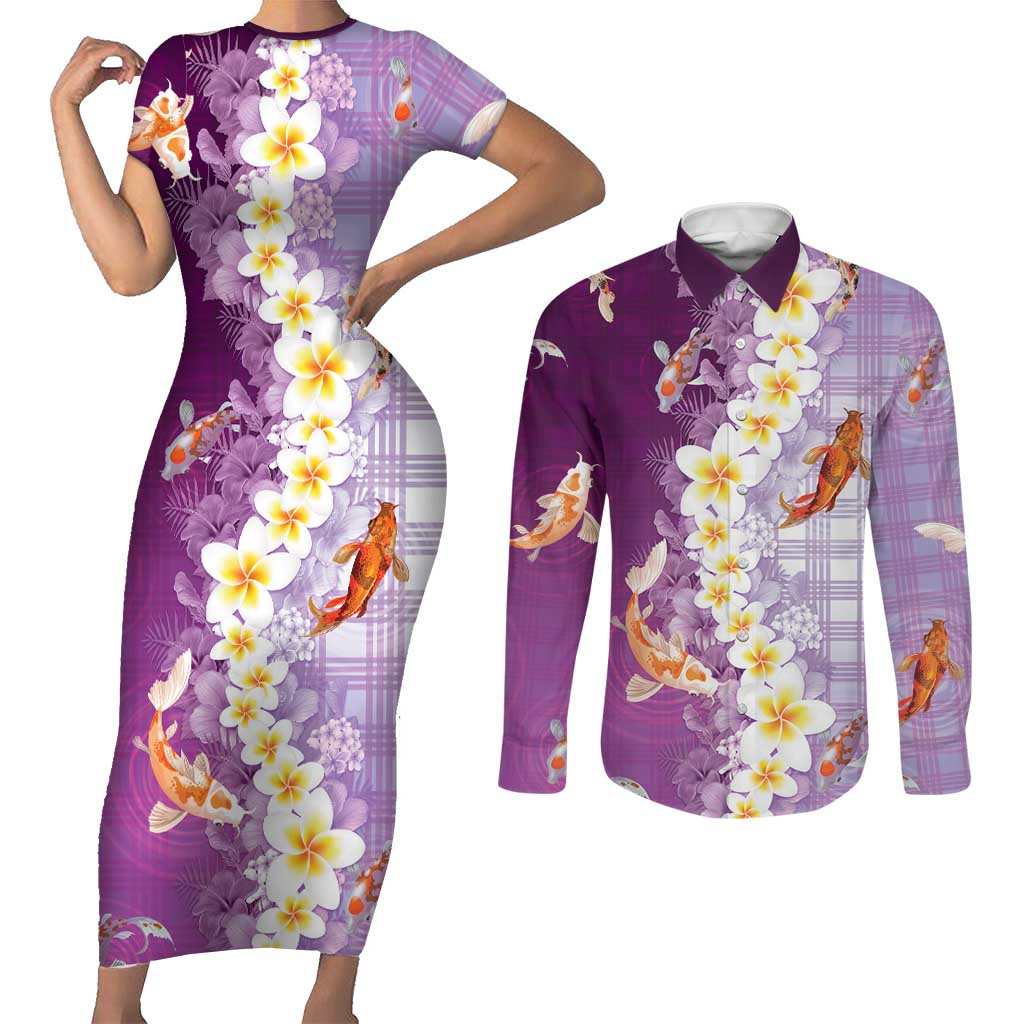 Hawaii And Japan Couples Matching Short Sleeve Bodycon Dress and Long Sleeve Button Shirt Plumeria Lei With Koi Fish Purple LT05 Purple - Polynesian Pride